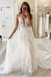 Ivory Tulle A-line V-neck Spaghetti Straps Lace Appliques Wedding Dresses